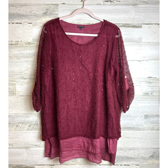 Hannah Women’s Large Cranberry Red Boho Layered Roll Sleeve Sequin Blouse NEW - Picture 1 of 7